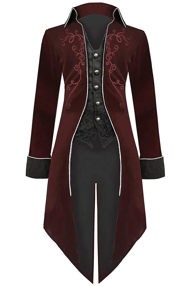 SIAEAMRG Medieval Steampunk Tailcoat Halloween Costumes for Men, Renaissance Pirate Vampire Gothic Jackets Vintage Warlock Frock Coat (XXXL, Red) - Image 1